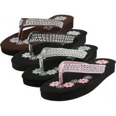 S720-G - Wholesale Girl's "EasyUSA" Flower Print With Rhinestone Look Flip Flops ( *Asst. Black Silver Bronw & Pink ) *Close Out $1.25/Pr Case $60.00 *Last 3 Case